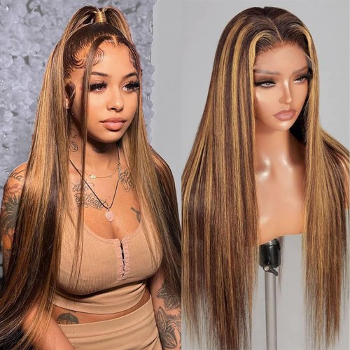 PRIMELACE Highlight Ombre Lace Front Wig Human Hair 20 inch Straight 13x4 HD Lace Front Wigs 180% Density 4/27 Honey Blonde Glueless Highlight Wigs Pre Plucked with Baby Hair
