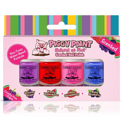 PIGGY PAINT 100% Non-toxic Girls Nail Polish - Safe, Chemical Free Low Odor for Kids, SCENTED 4 Polish Set