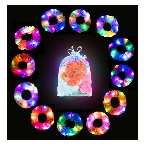 Lolalet 12PCS LED Light Up Hair Scrunchies, Neon Hair Ties, Glow in the Dark Accessories for Sleepover Party Favors, Colorful Elastic Band for Rave Festival Dance Night Events -Style A