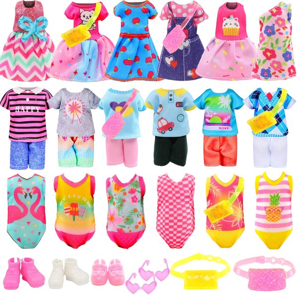 19 Pcs Mini 5 inch Doll Clothes and Accessories Including 4 Sets Fashion Dresses 4 Casual Tops and Pants Outifits 4 Swimsuits with 3 Shoes 2 Glasses 2 and Shoulder Bag for 5-5.3 Inch Dolls