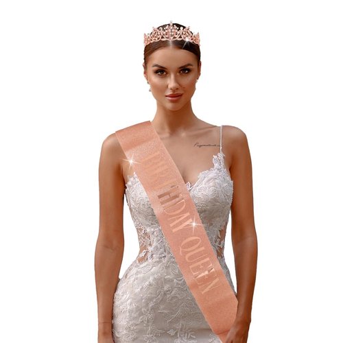 Formery "Birthday Queen" Glitter Sash & Rhinestone Tiara Crowns for Women Girls Pink Crystal Set Birthday Party Supplies Topper Decorations Hair Accessories