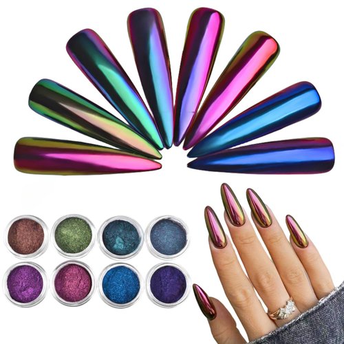 Chameleon Chrome Nail Powder Chrome Powder for Gel Nails,Nail Chrome Powder Shinning Chrome Pigment Mirror Glitter Chrome Powder for Nails Fine Glitter(8 Box)