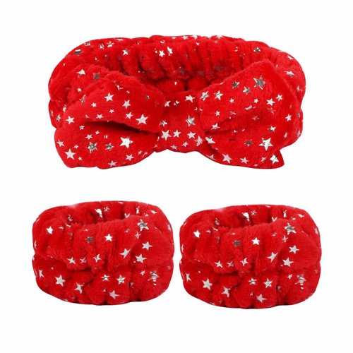 SZHYHTIKI Women's Face Wash Headband and Wristband Set,Glitter Star Headband Makeup Skin Care Headbands for Girls (red)