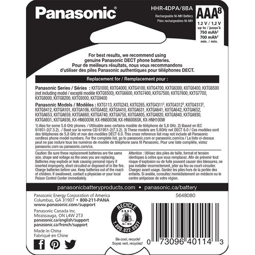 Panasonic Genuine HHR-4DPA/8BA AAA NiMH Rechargeable Batteries for DECT Cordless Phones, 8 Pack