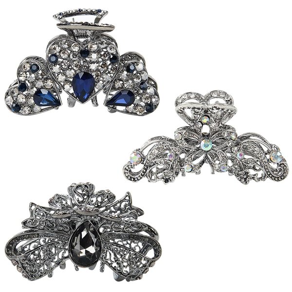 kilofly 3pc Women Rhinestone Crystal Medium Clip Claw Thick Hair Metal Barrettes