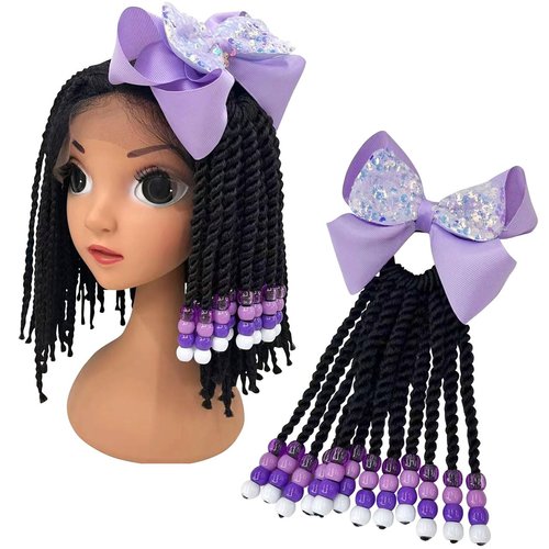 Kids Ponytail Hair Extension Braid Girls Braided Ponytail Hair Extension Clip On Go For Girls Beads,Black Hair Band & Bow Included,Detachable and Reusable (light purple)