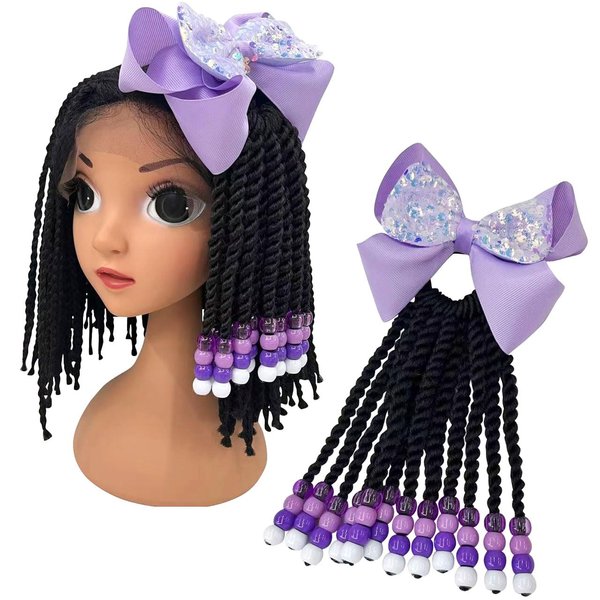 Kids Ponytail Hair Extension Braid Girls Braided Ponytail Hair Extension Clip On Go For Girls Beads,Black Hair Band & Bow Included,Detachable and Reusable (light purple)