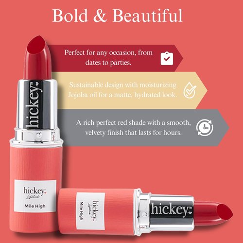 Hickey Lipstick Mile High Perfect Red Lipstick REFILL - Moisturizing And Long Lasting Lipstick - Gluten Free, Vegan And Organic Lipstick for Women - Highly Pigmented Velvet Finish