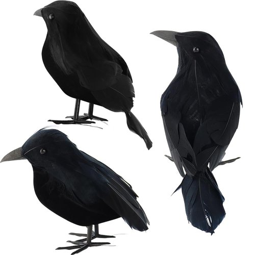 AEVBSOY 3 Pack Black-Feathered Crows Halloween Decorations Realistic Crows Artificial Handmade Black Feathered Crow Birds Ravens for Halloween Party Outdoor and Indoors Decorations Birds Prop