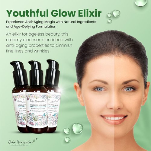 Boho Aromatic Botanical Cream Face Cleanser and Konjac Sponge, Gentle Non-Foaming Face Wash, Anti Aging Facial Cleanser, Natural & Organic, Daily Facial Cleanser, Facial Care Products