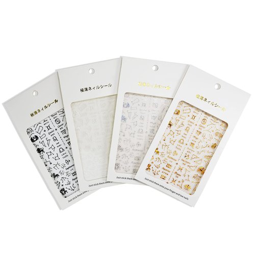 Zodiac Nail Sticker Self Adhesive 4 Sheets of Different Metalic Colors Gold Silver Black White Lucky Star Nail Art Charm Decal Kit 3D Moon Acrylic Nail Designer Accessories Destiny decoration Bulk Set