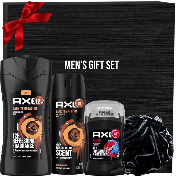 Christmas Gift Set for Men, Includes Dark Temptation Body Wash, Men Dark Temptation Deodorant, Fusion Men Deodorant Stick, Mens Exfoliating Shower Tool in Gift Box for Boyfriend Him Dad Fathers Man