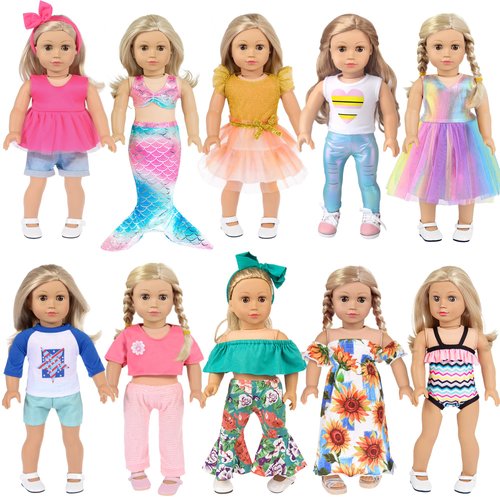 10 Sets 18 inch Doll Clothes and Accessories - Including Mermaid Costume, Stylish Casual Outfit, Swimwear Fit for 18 Inch Dolls (No Doll)