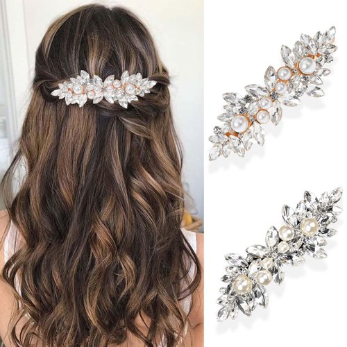AOREAS 2Pcs Rhinestone Hair Clips Crystal Pearl Hair Barrettes for Women Wedding Bridesmaid Flower Hair Accessories Jewerly for Bridal,Wedding,Party,Prom (Silver pearl Gold pearl)
