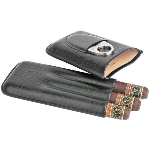 Mantello Cigars Leather Cigar Case - Gifts for Men- Cedar Wood Lined Cigar Holder with Stainless Steel Cutter