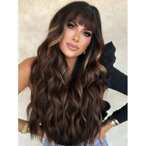 AISI QUEENS Brown Wig with Bangs for Women Long Wavy Hair Wig Brown Highlight Wig Curly Wavy Synthetic Wigs for Girls Daily Party Use
