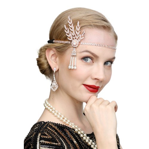 Cizoe Art Deco 1920s Flapper Great Gatsby Leaf Wedding Bridal Tiara Pearl Headpiece Headband(Rose gold)