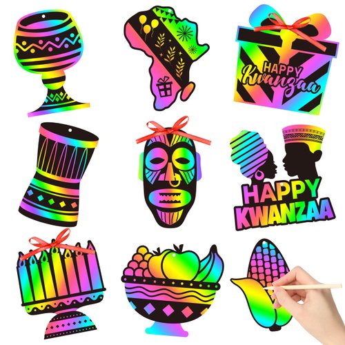 WATINC 63pcs Kwanzaa Scratch Cards Gift Set for Kids, Happy Kwanzaa DIY Magic Hanging Scratch Cards, African Heritage Holiday Party Favors Decoration for School Classroom Activity Art Project