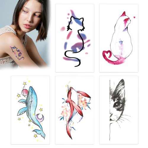 Fssqii 25 Sheets Cat Temporary Tattoos for Women Ocean Whales Cute Waterproof Makeup Fake Tattoo Stickers for Body Arm Face Colorful Animal Fish Fashion Personality Beautiful Small Stickers