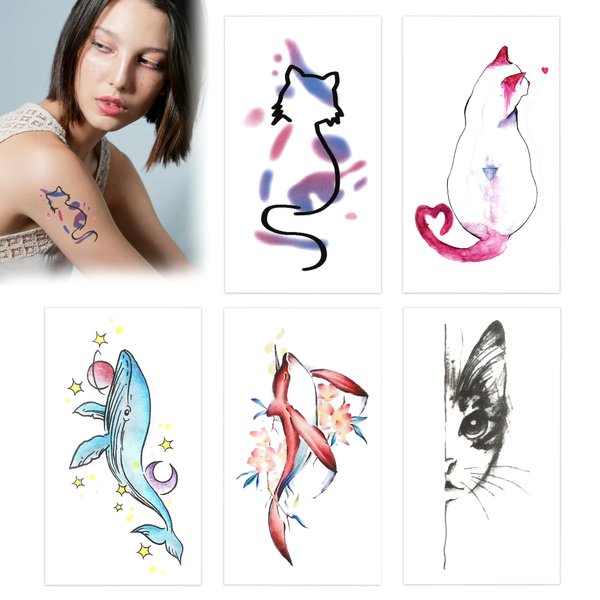 Fssqii 25 Sheets Cat Temporary Tattoos for Women Ocean Whales Cute Waterproof Makeup Fake Tattoo Stickers for Body Arm Face Colorful Animal Fish Fashion Personality Beautiful Small Stickers