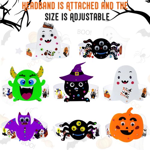 24 Sets Halloween Crafts for Kids, DIY Crown Halloween Headbands Craft Kits Art Set, Pumpkins Ghost Monster Bat Spider Paper Hat with Halloween Foam Stickers for Classroom Activities Party Favors
