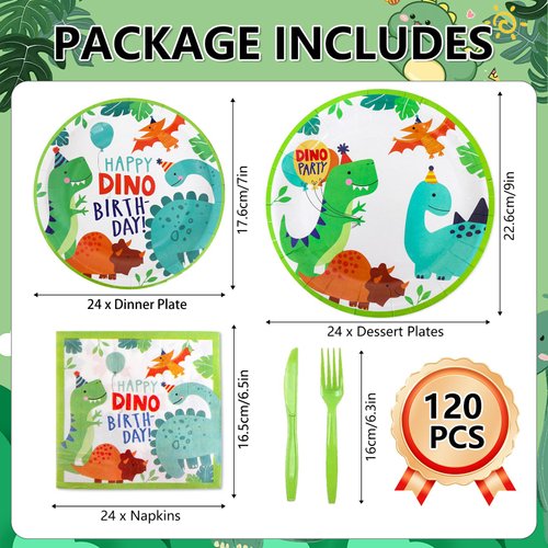 120 Pcs Dinosaur Birthday Paper Plates Napkins, Dinosaur Party Supplies Tableware Set for 24 Guests, Dinosaur Themed Birthday Party Decorations for Boys Girls Baby Shower