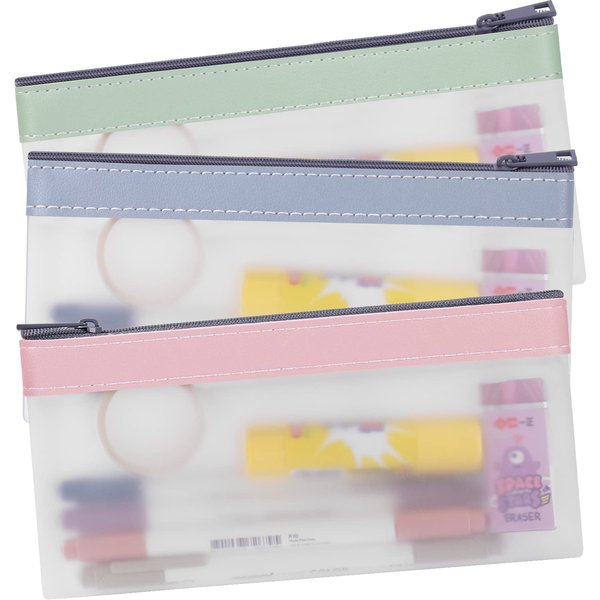Boxgear 3 Pieces Clear Pencil Case Set for Girls and Boys, Pen Holder with Zipper for Kids, Teens Portable Desk Organizer Pencil Pouch for School & Stationery Supplies (Pink, Blue, Green) (Clear)