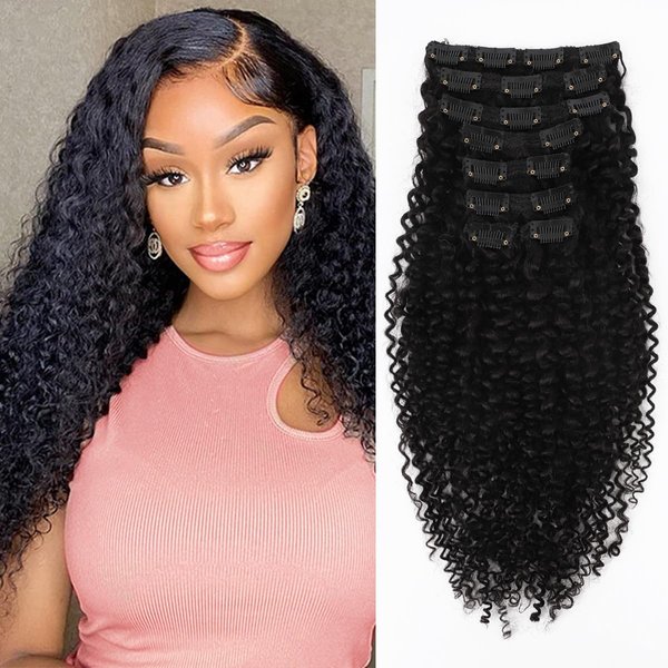 Curly Clip in Hair Extensions Real Human Hair 100% Brazilian Virgin Human Hair 8Pcs with 18clips Double Weft 3C 4A Kinky Curly Human Hair Extensions (22 inch, 120g, Natural Black)