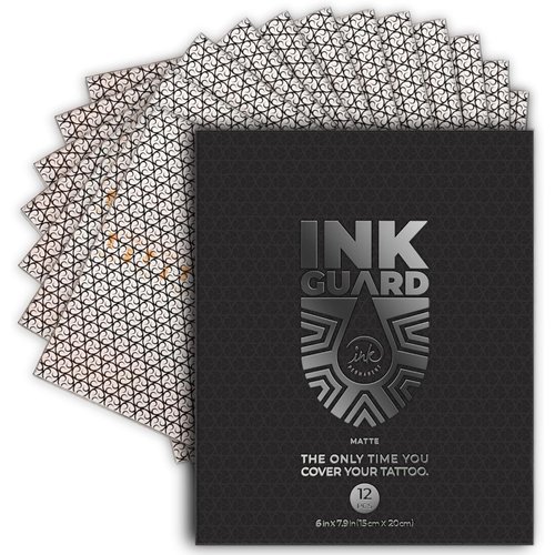 Ink Guard Matte Tattoo Aftercare Bandage Sheets [12 pack | 6" x 8"] Transparent Waterproof Cover Up Tape Roll Adhesive Bandage Tattoo Aftercare Protect and Heal Tattoos or Minor Skin Wounds