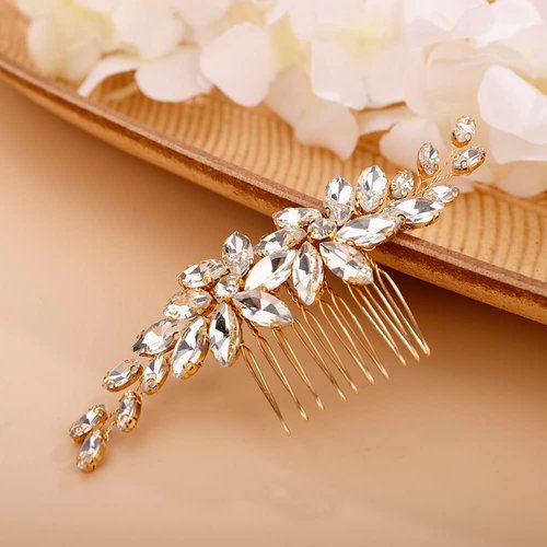 Chargances Flower Crystal Bridal Wedding Hair Comb Silver Rhinestone Hair Side Comb Bride Hair Accessories for Bridal Bridesmaid Women (Gold)