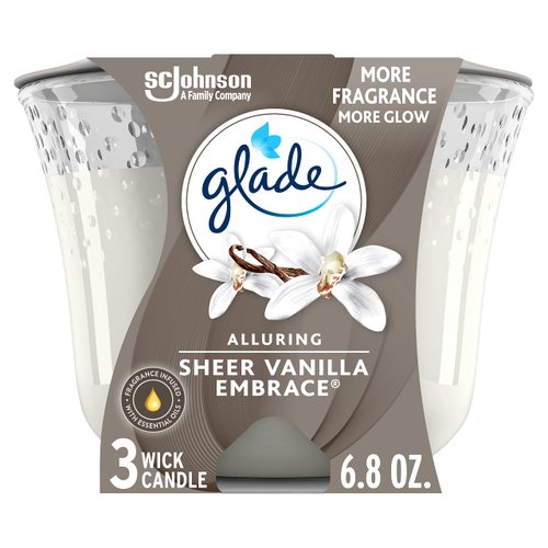 Glade Candle Sheer Vanilla Embrace, Fragrance Candle Infused with Essential Oils, Air Freshener Candle, 3-Wick Candle, 6.8 Oz