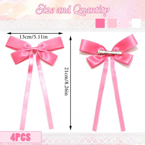 SAWINDA 4PCS Silk Satin Bow Hair Clip with Long Tassel Pink Hair Ribbons Bows for Women Bowknot Hair Barrettes Claw Metal Clips Bowknot Wedding Party Hair Accessories