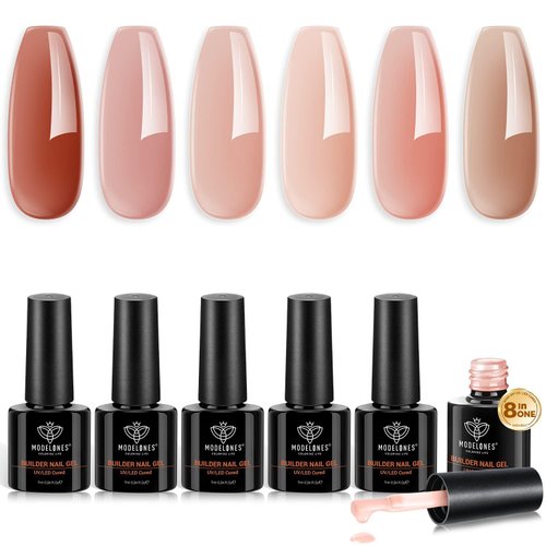 modelones Builder Nail Gel, 6 Colors Gel Builder for Nails 8-in-One, Red Pink Nude Hard Gel Builder Extension Color Gel Nail Strengthener LED Nail Lamp Cured Base Gel Nail Glue Gel in a Bottle