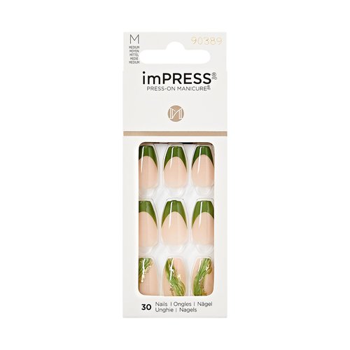 KISS imPRESS No Glue Mani 30 Pcs Premium Press On Nails, Olive Green Tip French, Gold Accent, Medium Size, Coffin Shape, Simple Peel & Press Easy Apply, Hassel-Free Removal, Essential Tools Included