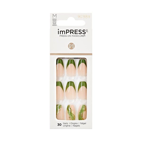 KISS imPRESS No Glue Mani 30 Pcs Premium Press On Nails, Olive Green Tip French, Gold Accent, Medium Size, Coffin Shape, Simple Peel & Press Easy Apply, Hassel-Free Removal, Essential Tools Included
