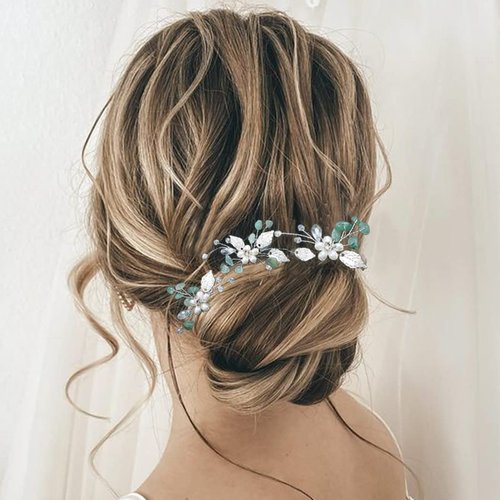 Heread Pearl Flower Bride Wedding Hair Pins Silver Leaf Bridal Hair Accessories Green Opal Rhinestones Hair Pieces Clips for Women and Girls (Pack of 3)
