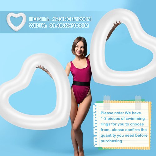 Junkin 47.3 x 39.4 Inch White Heart Pool Float Inflatable Swim Float Water Ring Bachelorette Pool Float Loungers Tube Swimming Pool Float for Engagement, Wedding, Summer Beach Party(2 Pcs)
