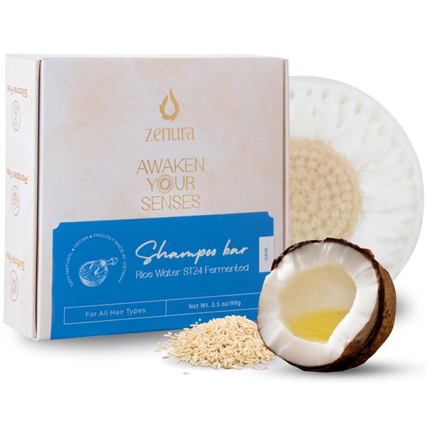 ZENURA Rice Water Shampoo Bar for Hair Growth with Coconut Oil, Solid Bar for Strengthening and Thickening Hair, Natural Ingredients, Eco-Friendly, Vegan, Paraben Sulfate & Cruelty Free - 3.5 oz