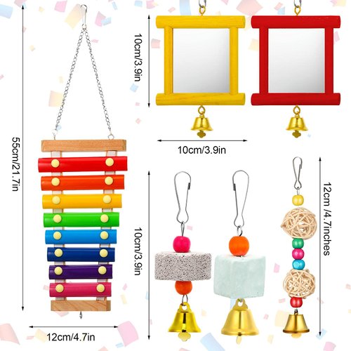 6 Pieces Chicken Toys for Coop, Chick Toys, Chicken Mirror Toy with Bells, Hen Chicken Xylophone Toy with 8 Metal Keys, Parrot Grinding Stone, Sepak Takraw Toy, Dangling Bird Toy