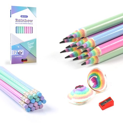ECOTREE Pencils #2 HB Pencils Pre-sharpened Pencils Number 2 Pencils Rainbow Pencils Eco Pencils with Erasers, Stocking Stuffers for Kids, Christmas Gifts, 12 Pack
