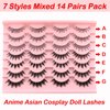 14 Pairs Manga Lashes Natural Look That Look Like Individual Clusters, Anime Short Japanese Spiky Doll False Eyelashes, 7 Styles Mixed Wispy Korean Asian Cosplay Lashes with Clear Band Pack