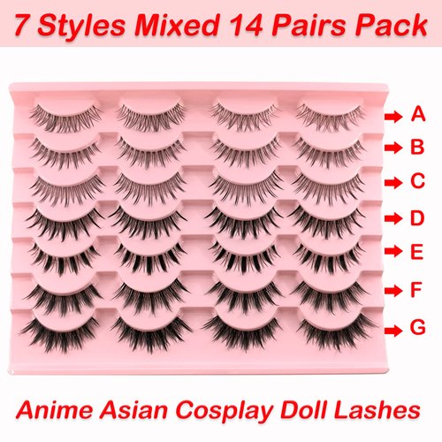 14 Pairs Manga Lashes Natural Look That Look Like Individual Clusters, Anime Short Japanese Spiky Doll False Eyelashes, 7 Styles Mixed Wispy Korean Asian Cosplay Lashes with Clear Band Pack