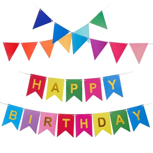 Colorful Happy Birthday Banner with 12pcs Pennant Banner Flags, Happy Birthday Sign, Colorful Rainbow Birthday Party Decorations, Bunting Banner with Shiny Gold Letters, DIY Party Supplies (Multi-color)