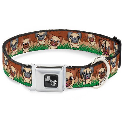 Dog Collar Seatbelt Buckle Pug Puppies Paw Prints Browns Greens 18 to 32 Inches 1.5 Inch Wide