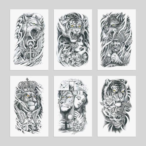 Oottati 6 Sheets Arm Waterproof Temporary Tattoos Wolf Maria Cross Women Tiger Flower India Lion Skull