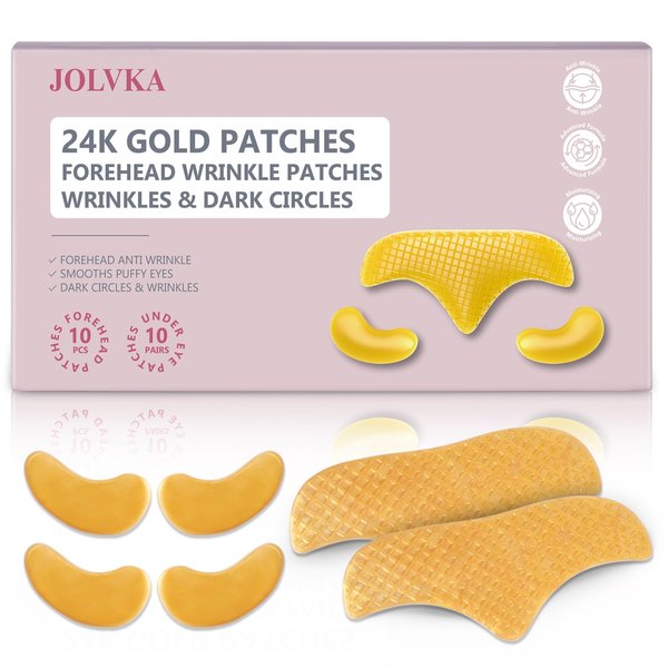 10PCS 24K Gold Forehead Anti Wrinkle Patches & 10Pair 24K Gold Eye Masks, Anti Wrinkle Patches with Collagen, Forehead Wrinkle Patches T-Zone Patch,Collagen Eye Patches for Puffiness and Dark Circles