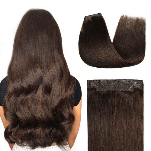 YILITE Wire Hair Extensions Real Human Hair ，Wire hair 18 inches 95g Silky Straight #2 Dark Brown Human Hair Extensions One Piece Wire Hair Extensions with Fish Line
