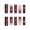 Dark Red Halloween Press on Nails Long Square Shape Fake Nails with Spider Web Designs Halloween Red French Tip False Nails 3D Spider Skull Stick on Nails Long Halloween Glue on Nails for Women