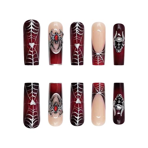 Dark Red Halloween Press on Nails Long Square Shape Fake Nails with Spider Web Designs Halloween Red French Tip False Nails 3D Spider Skull Stick on Nails Long Halloween Glue on Nails for Women