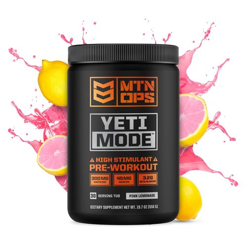 MTN OPS Yeti Mode Pre-Workout Powder - Explosive High-Stimulant with 300mg Caffeine, Creatine Monohydrate, Beta-Alanine, and 45mg Niacin - Pink Lemonade Flavor in 30 Serving Tub
